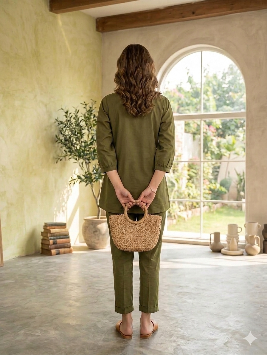 Elegant Olive Green Co-ord Set with Minimalist Charm