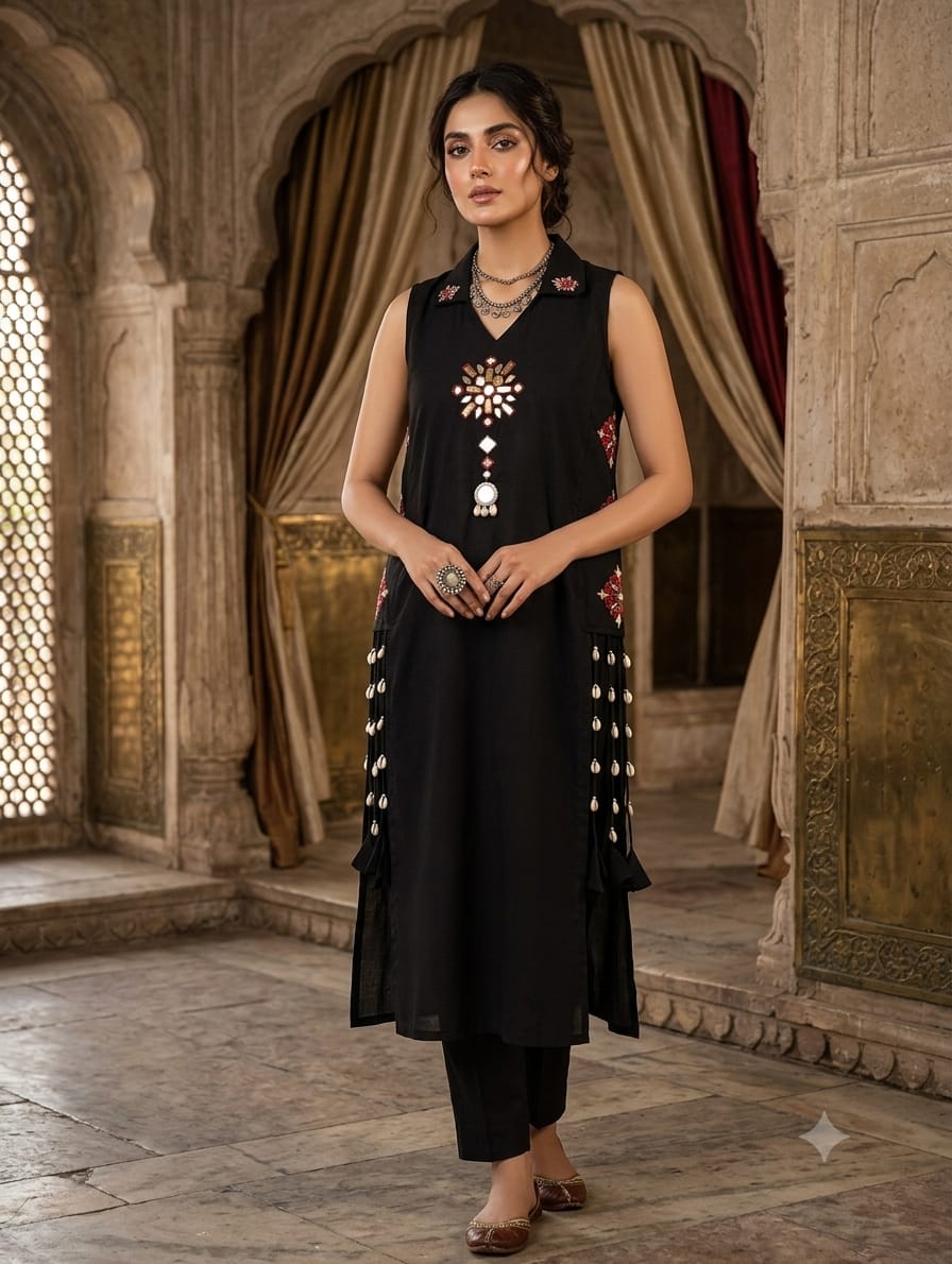 Midnight Elegance: Embellished Black Sleeveless Ensemble