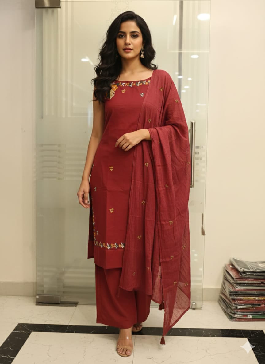 Elegant Maroon Embroidered Kurta Set with Matching Dupatta - Dora & Masters