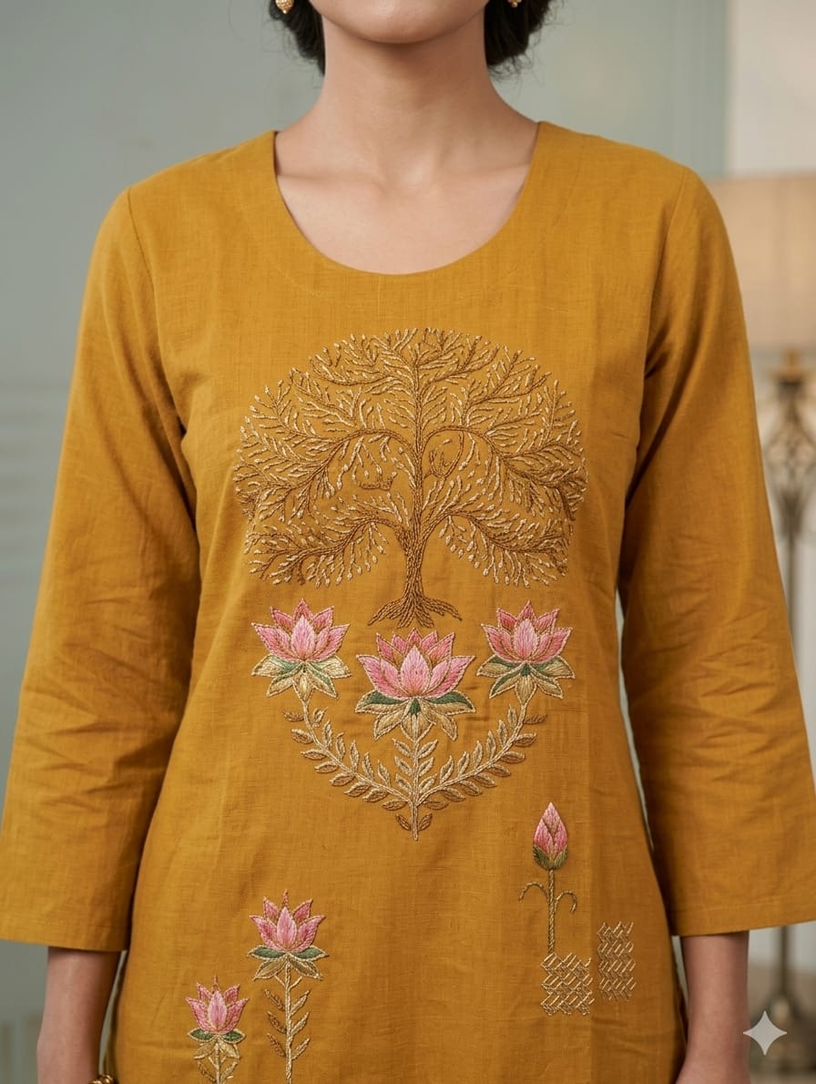 Mustard Yellow Embroidered Kurta Palazzo Set - Dora & Masters