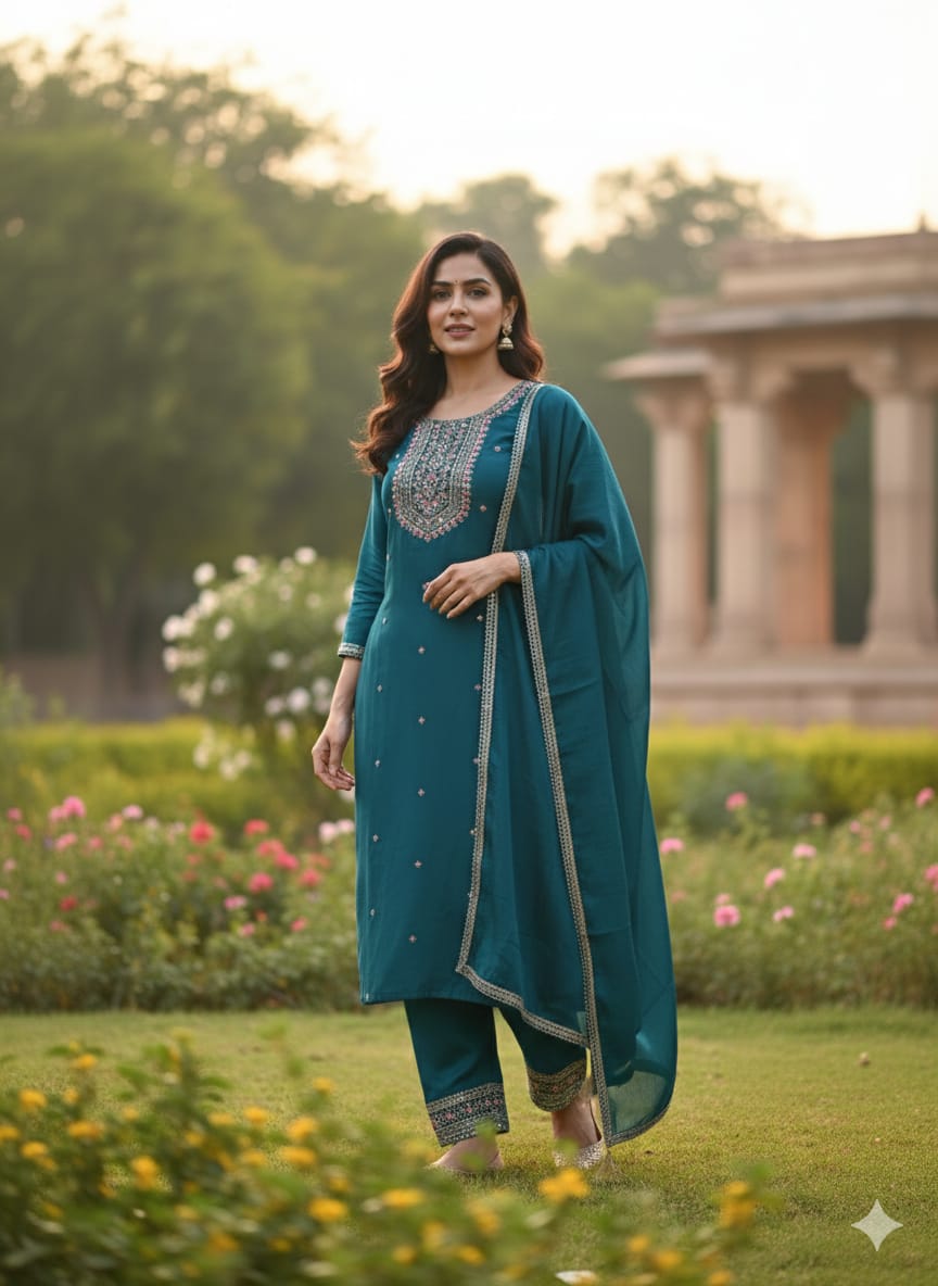 Teal Green Embroidered Kurta Set with Dupatta – Dora & Masters - Dora & Masters