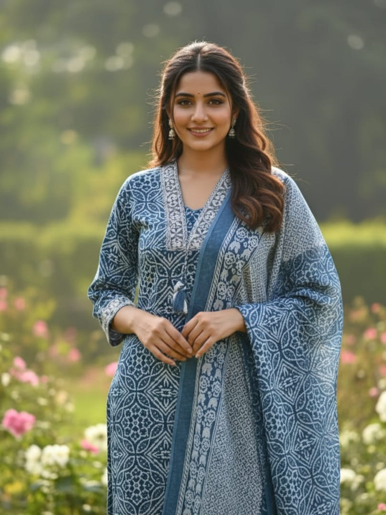BLUE PRINTED — Blue Printed Suit Set with Dupatta