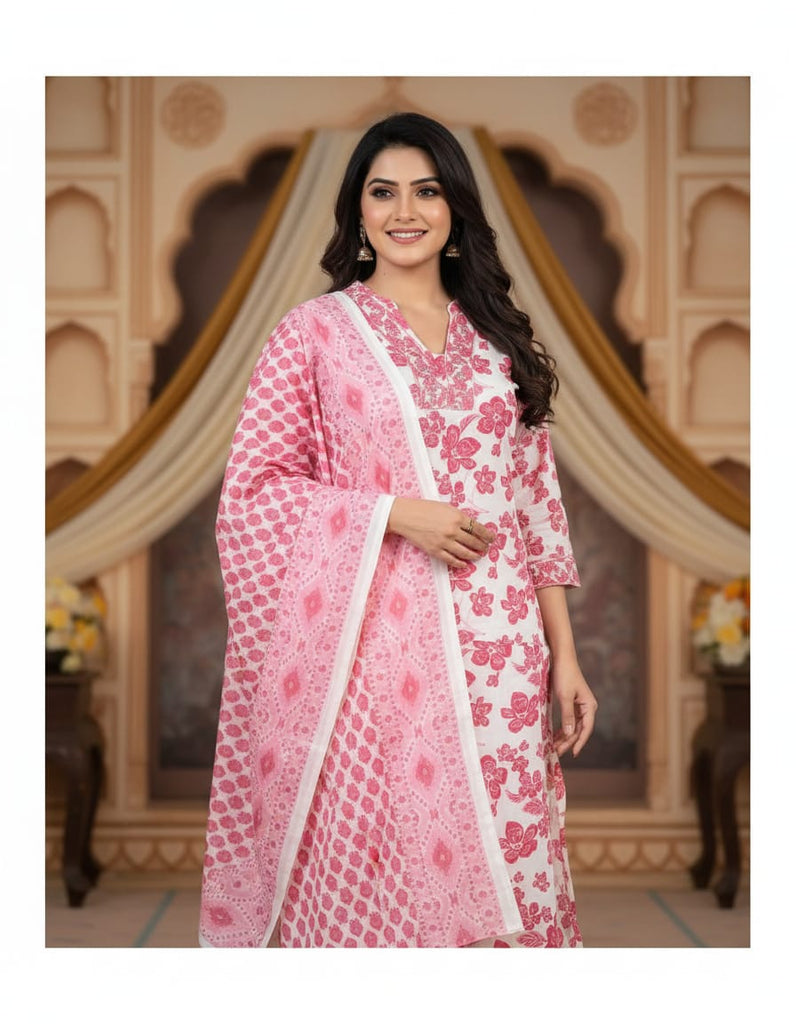 PINK FLORAL PRINT — Kurta Set With Dupatta