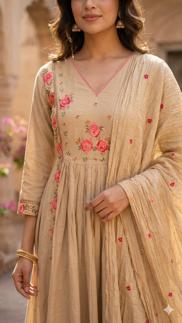 Graceful Beige Floral Embroidered Anarkali Suit Set with Dupatta