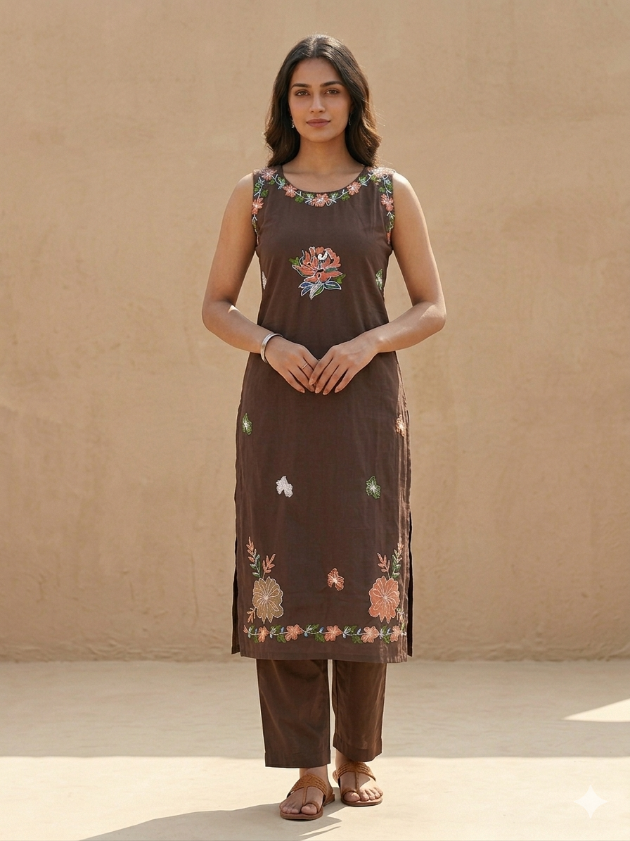 Embroidered Cotton-Linen Sleeveless Kurta and Pant Set  Description: