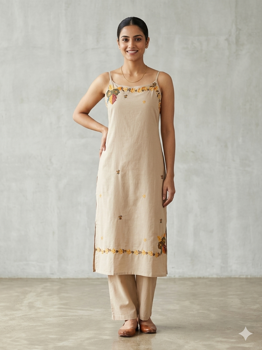 Elegant Embroidered Beige Straight Kurta Set