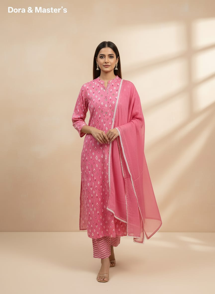Graceful Pink Printed Kurta Set with Contrasting Trousers