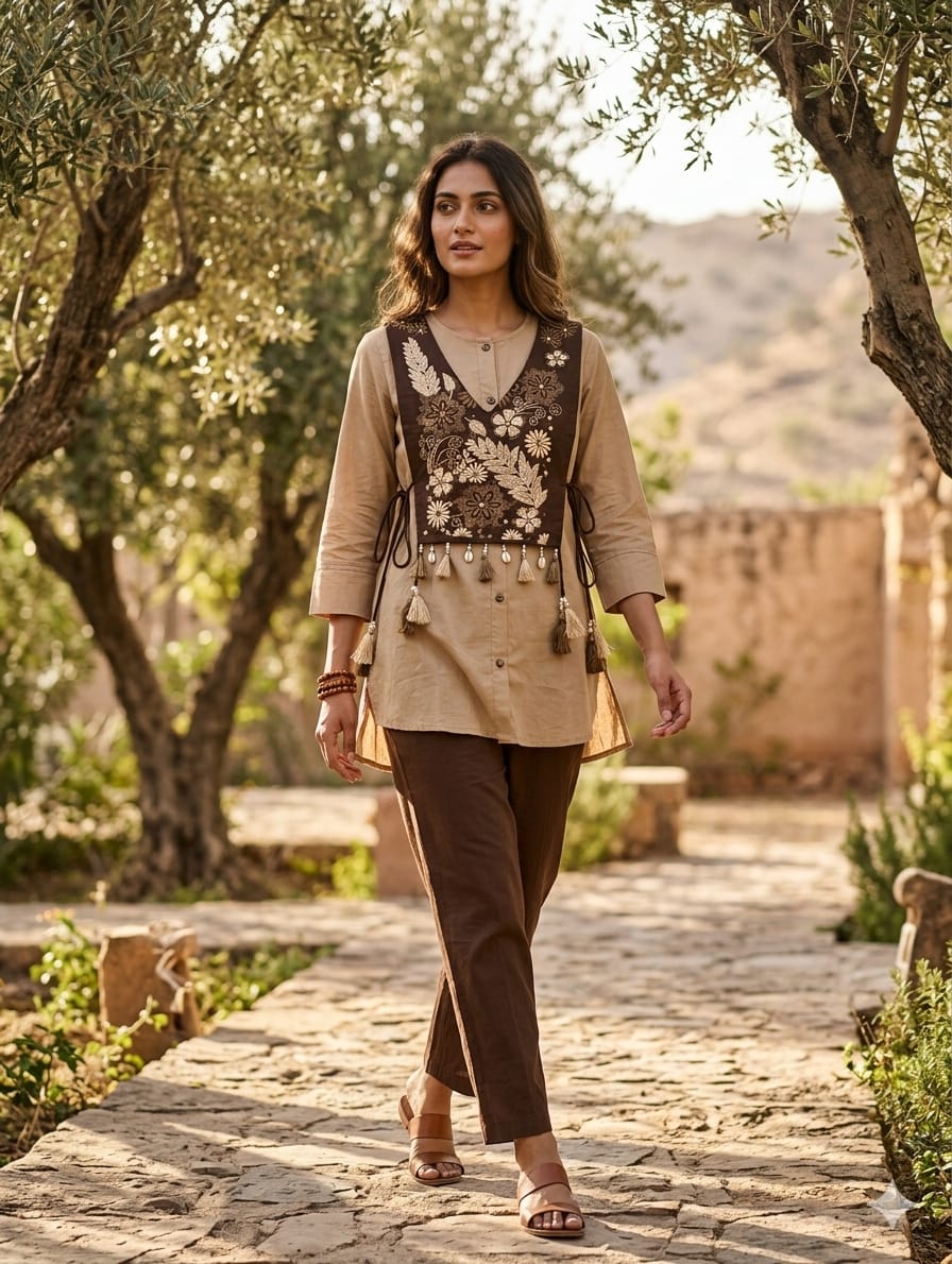 Earthy Embroidered Layered Kurta Set – Cotton Tunic With Brown Waistcoat