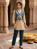 Beige Linen Kurti with Embroidered Floral Overlay Vest