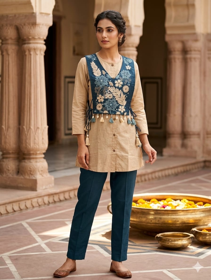 Beige Linen Kurti with Embroidered Floral Overlay Vest