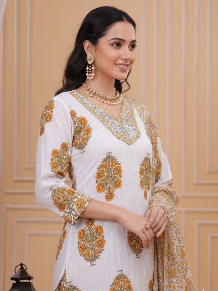 Beige Anarkali Kurta Pant Set with Floral Work