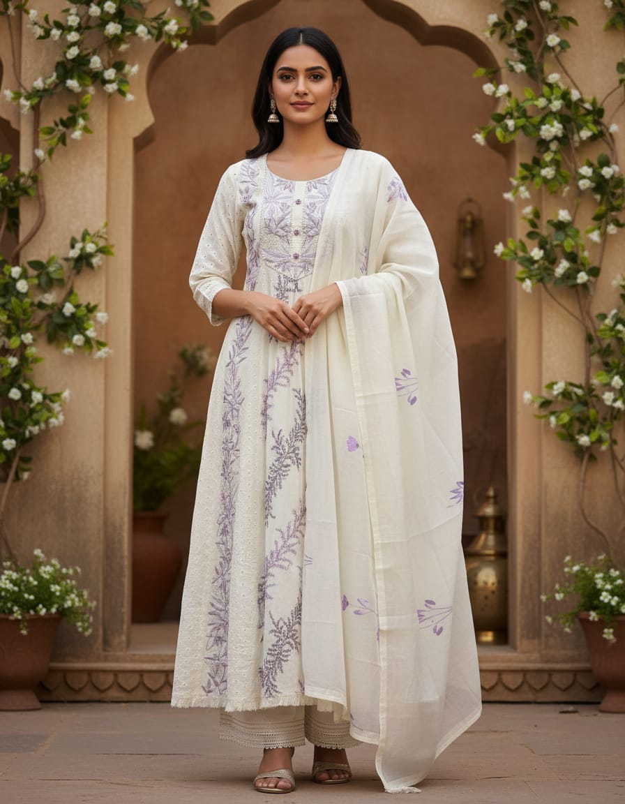 Off-White Lavender Embroidered Kurta Set with Dupatta