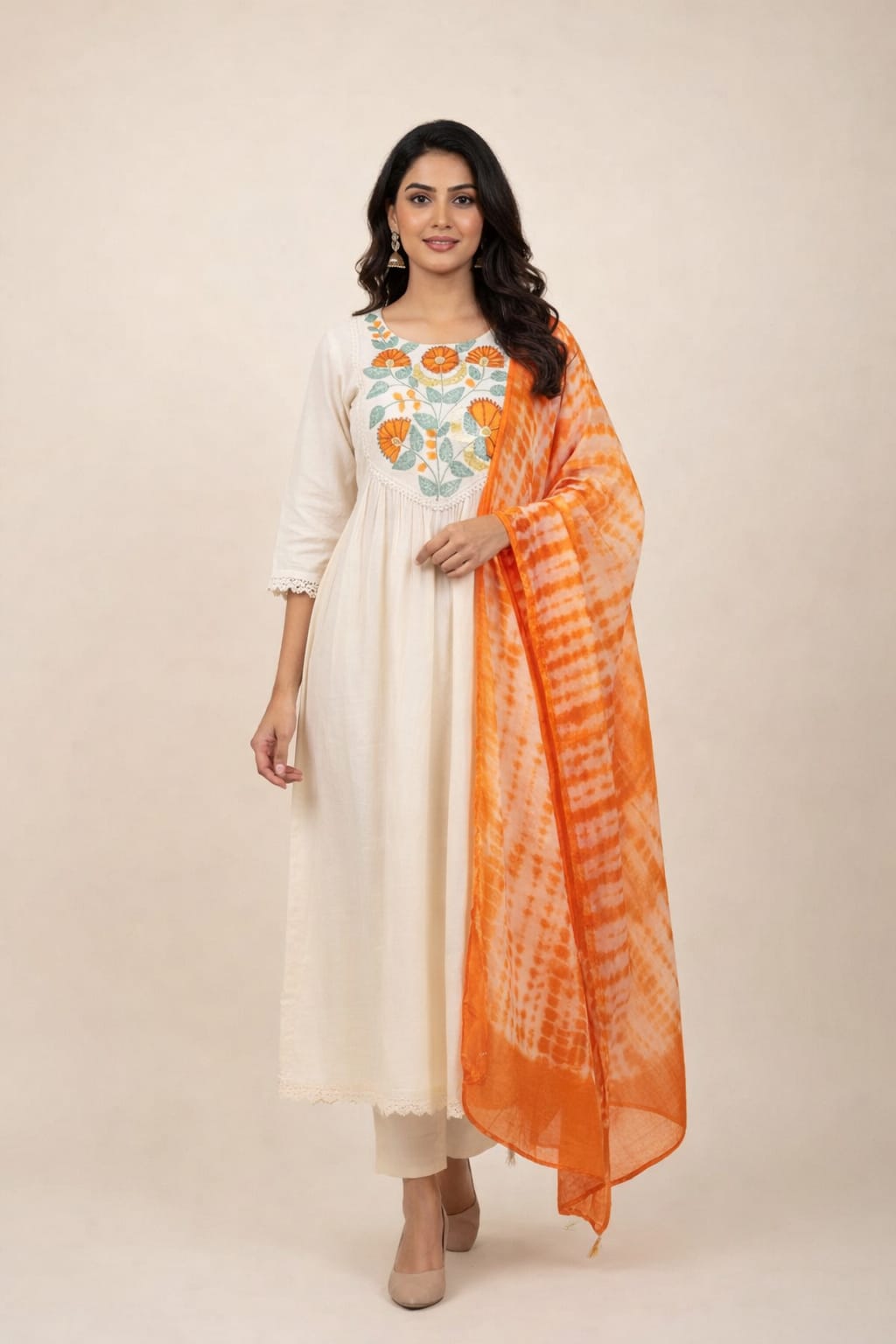 Elegant Off-White Embroidered Kurta Set with Tie-Dye Dupatta