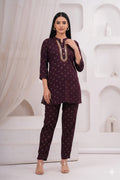 Elegant Plum Printed Co-ord Set with Embroidered Neckline