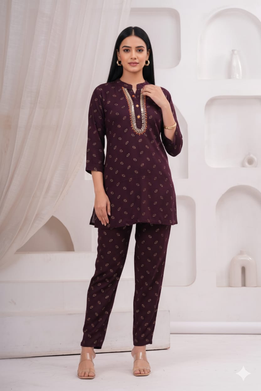 Elegant Plum Printed Co-ord Set with Embroidered Neckline