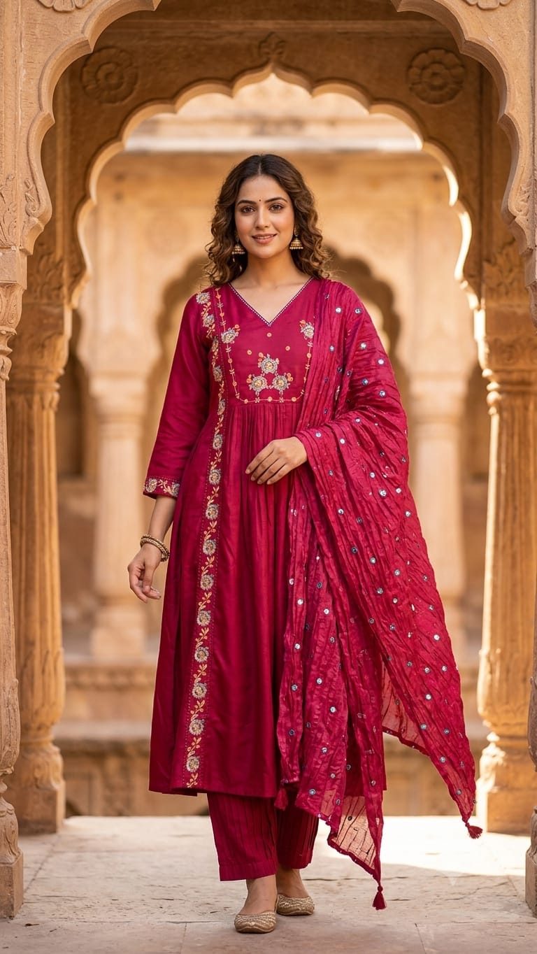 Elegant Magenta Embroidered Anarkali Suit Set with Dupatta  Description: