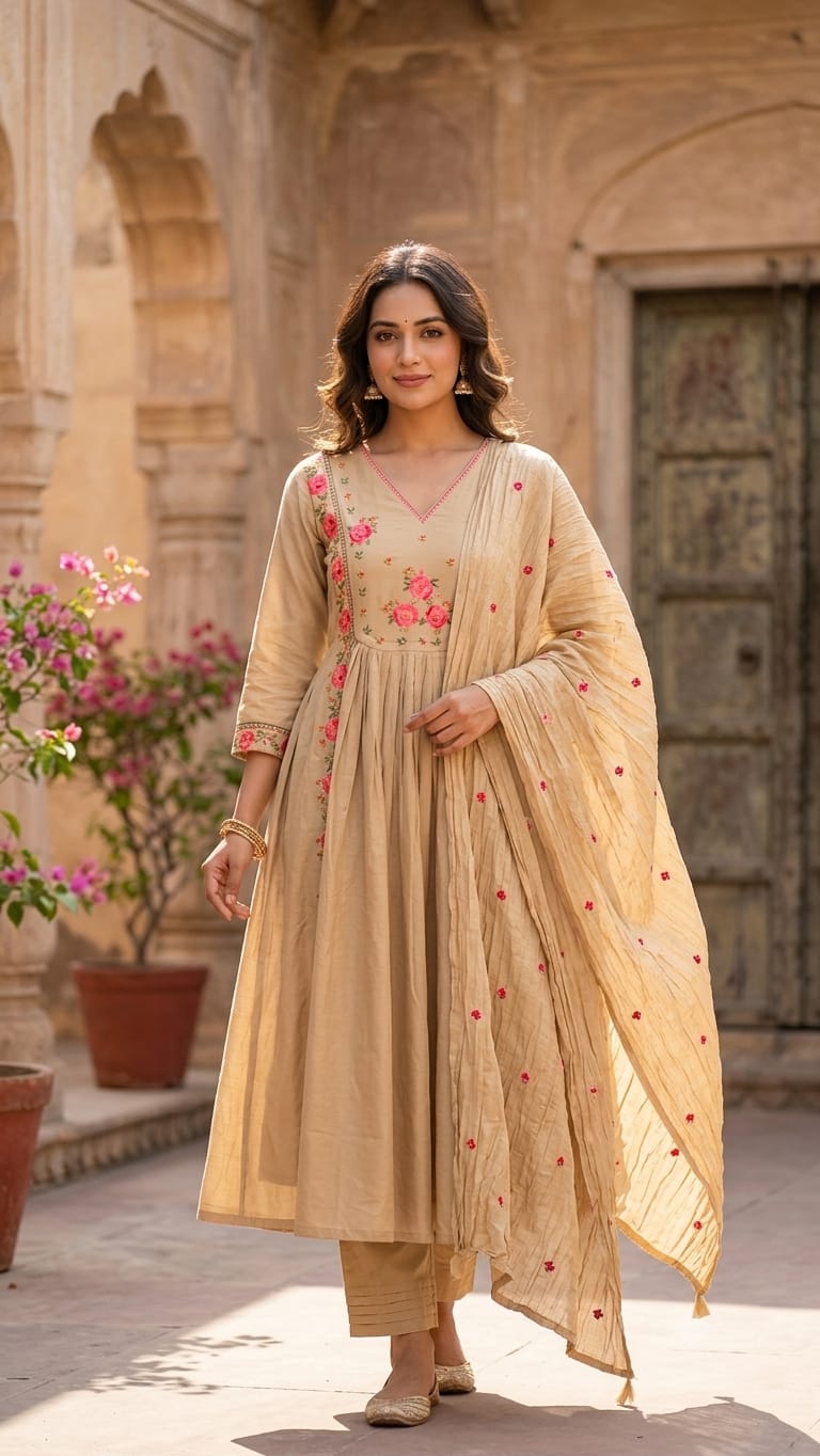 Graceful Beige Floral Embroidered Anarkali Suit Set with Dupatta