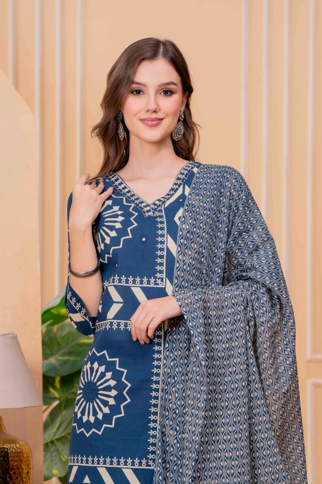 Navy Blue Printed Cotton Kurta Pant Dupatta Set