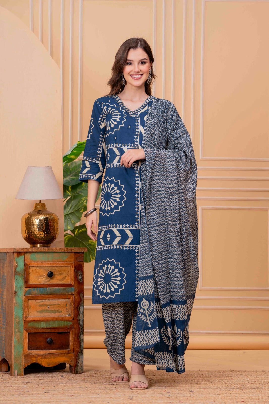 Navy Blue Printed Cotton Kurta Pant Dupatta Set