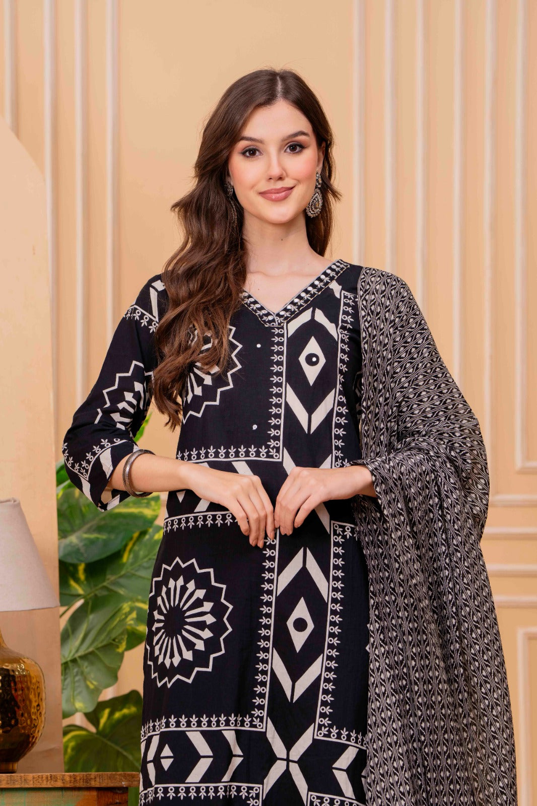 Black Printed Cotton Kurta Pant Dupatta Set