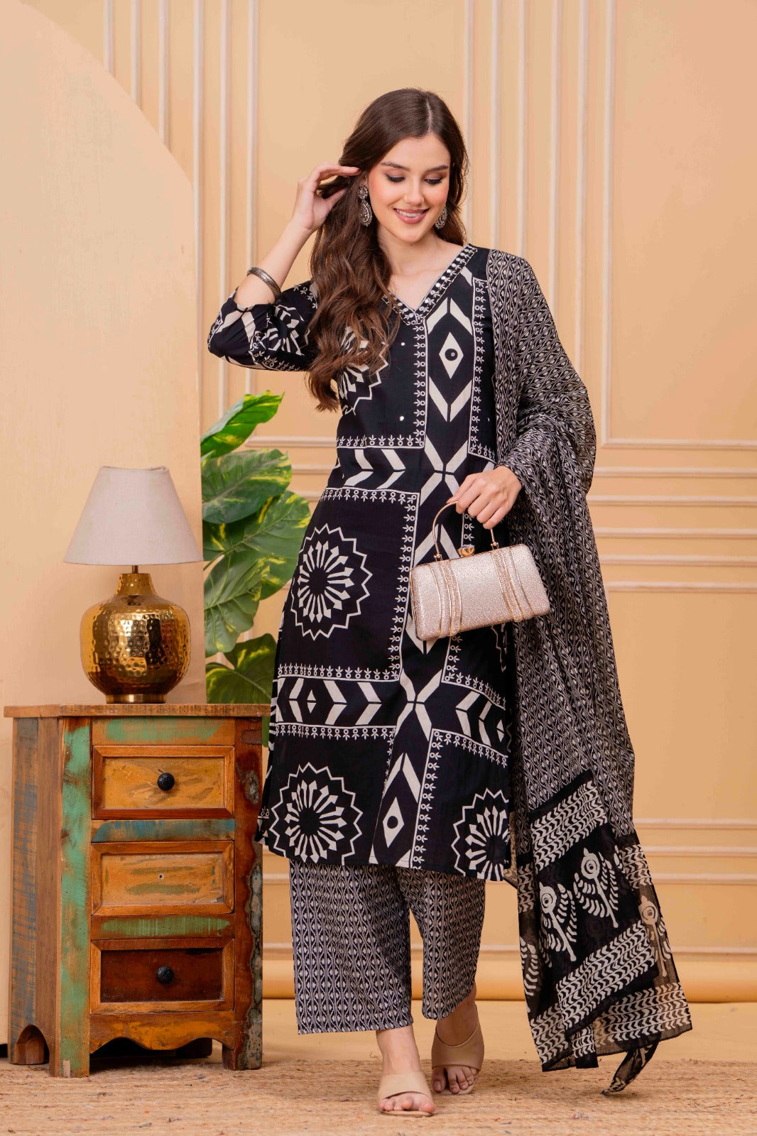 Black Printed Cotton Kurta Pant Dupatta Set