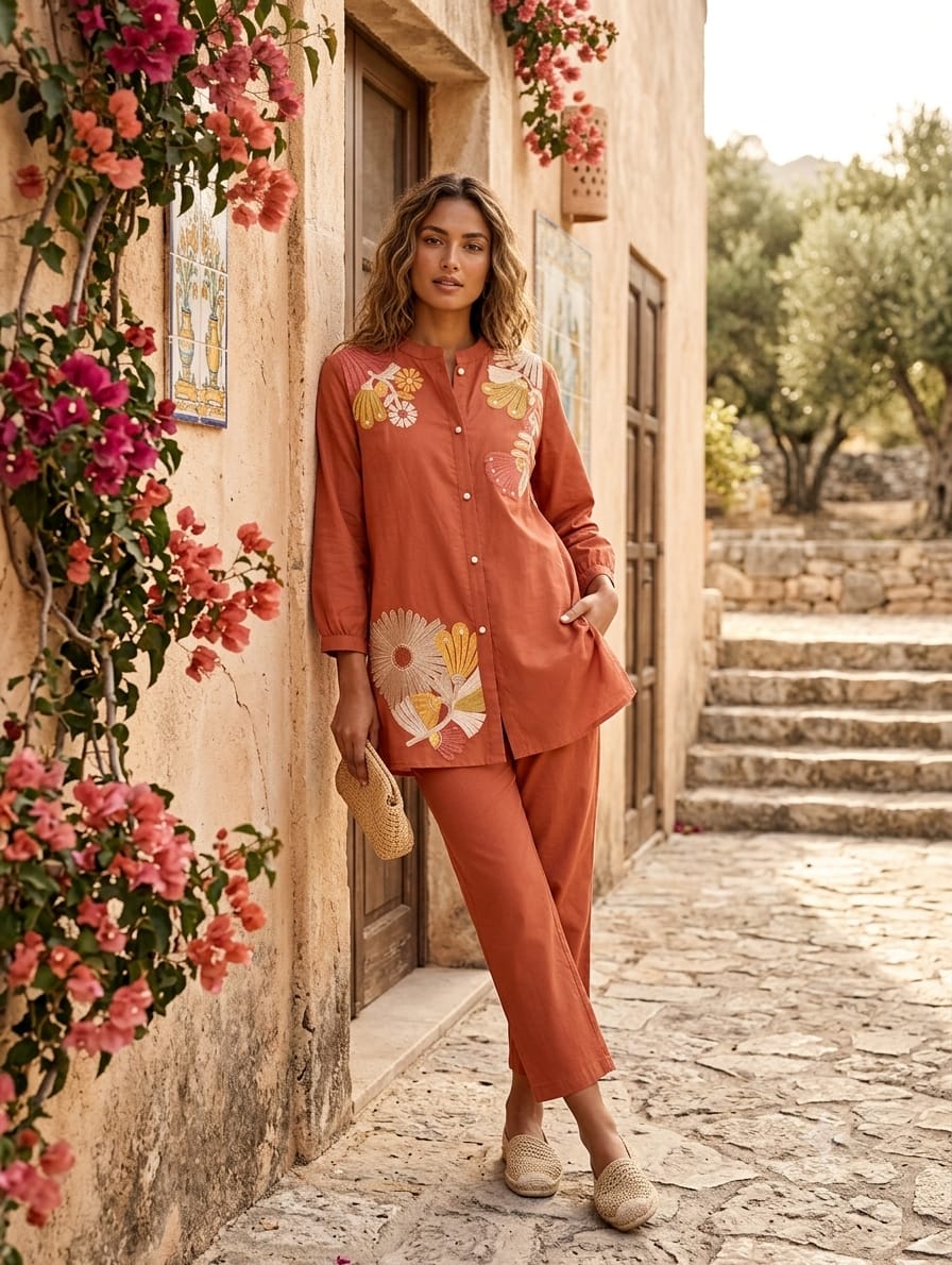 Rust Floral Embroidered Cotton Co-ord Set