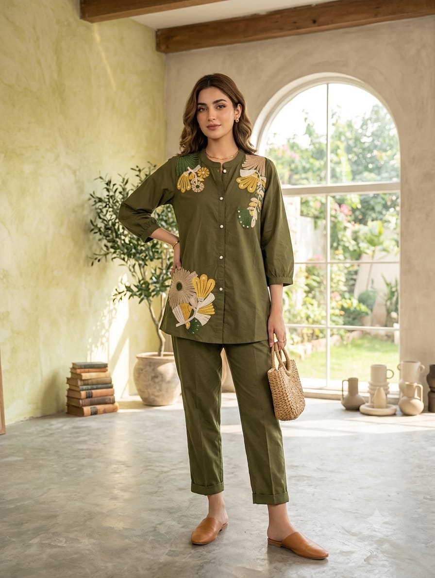 Elegant Olive Green Co-ord Set with Minimalist Charm