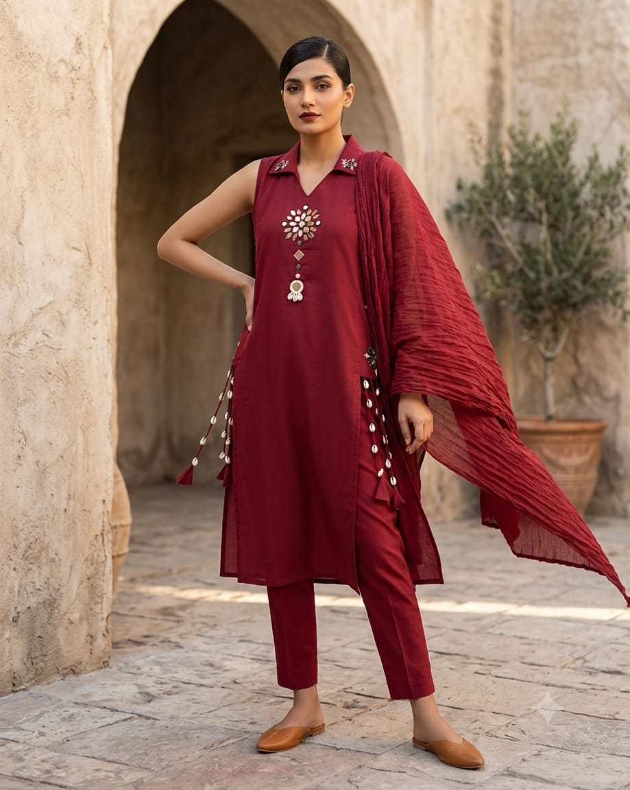Sophisticated Maroon Ensemble with Artisan Detailing