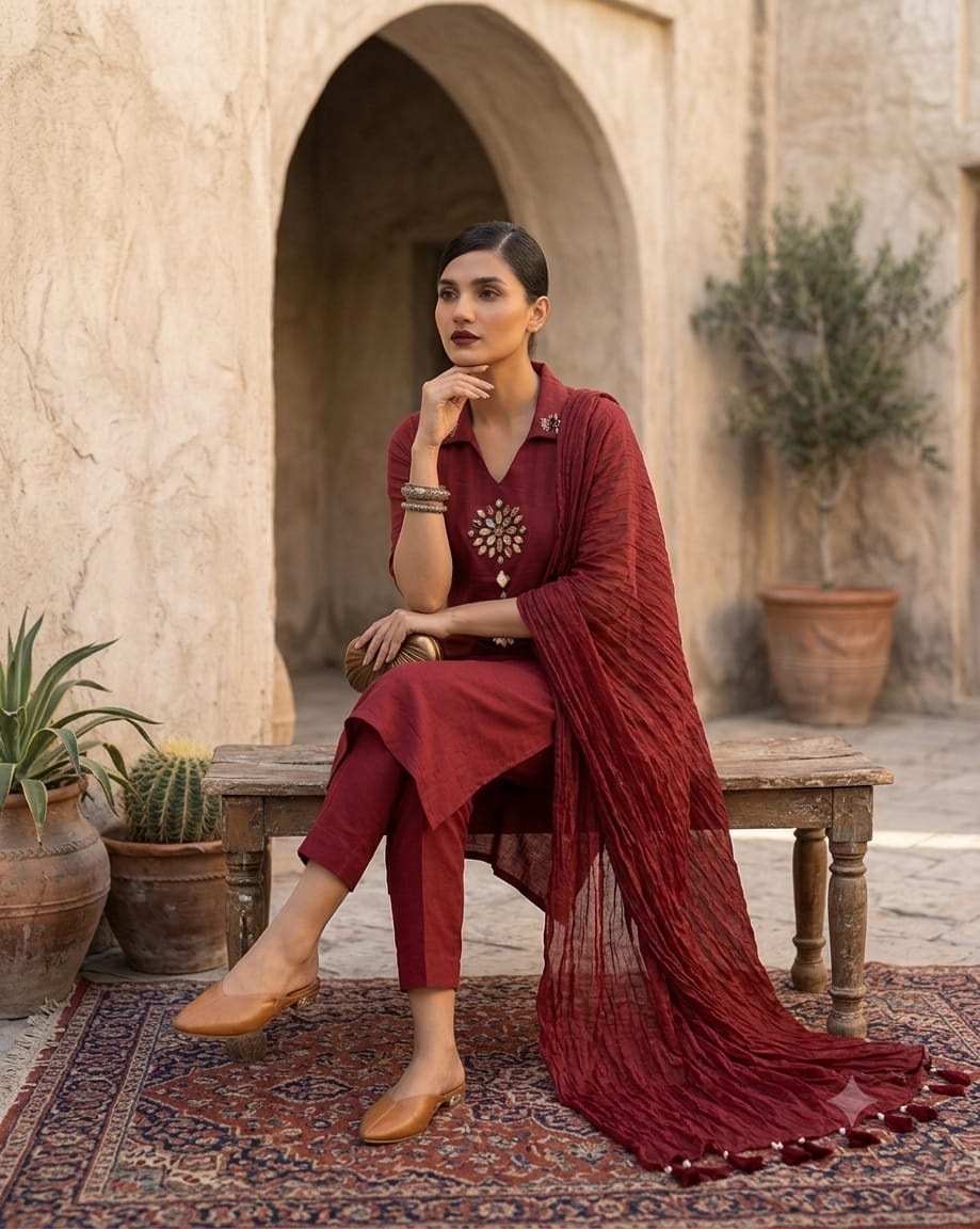 Sophisticated Maroon Ensemble with Artisan Detailing