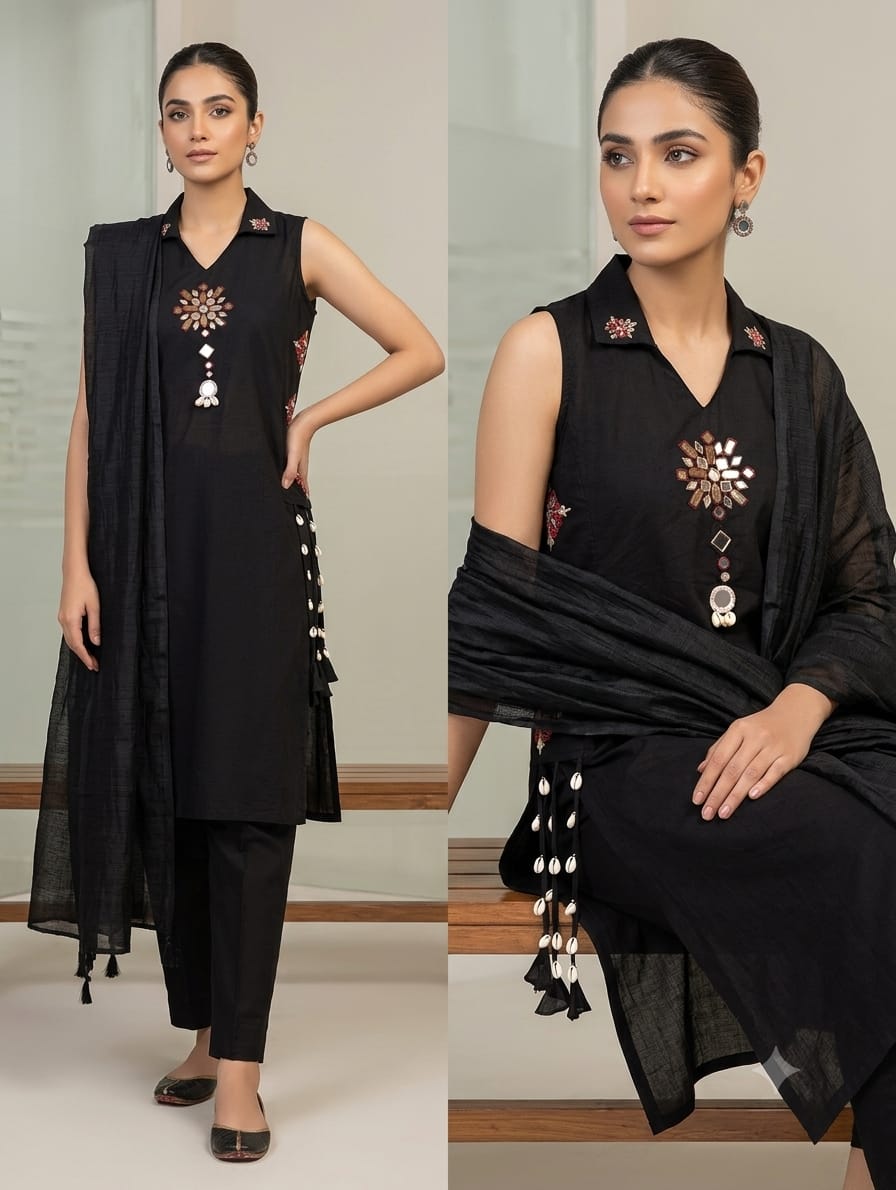 Midnight Elegance: Embellished Black Sleeveless Ensemble