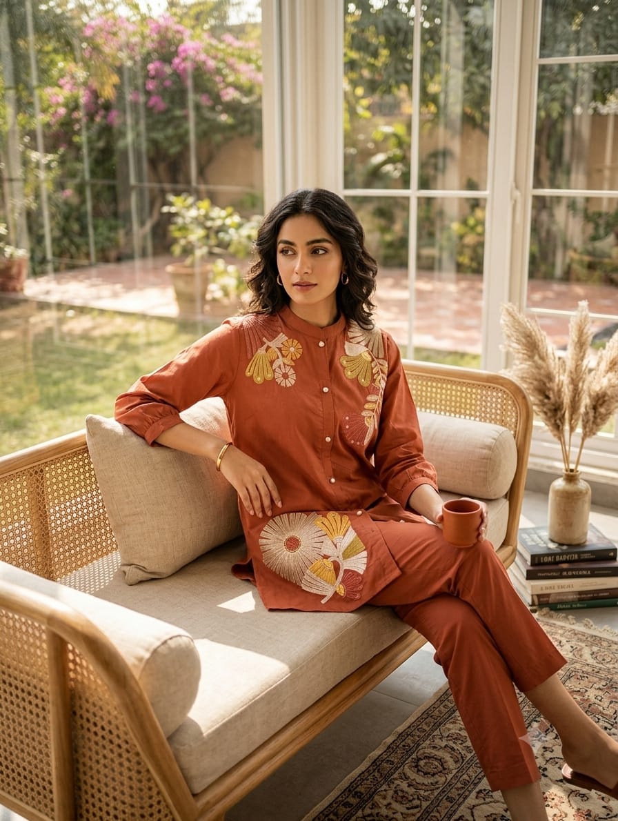 Rust Floral Embroidered Cotton Co-ord Set