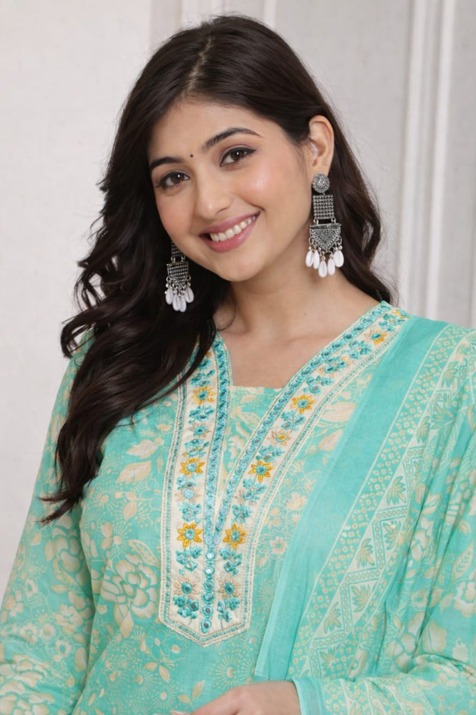 Aqua Green Kurta Pant Set with Floral Work and Dupatta