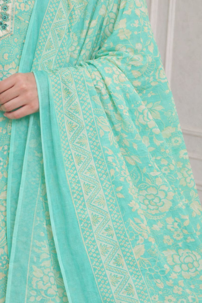 Aqua Green Kurta Pant Set with Floral Work and Dupatta