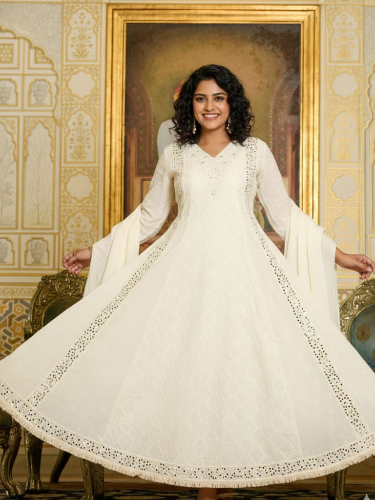 Ivory Embroidered Anarkali Kurta with Flared Sleeves