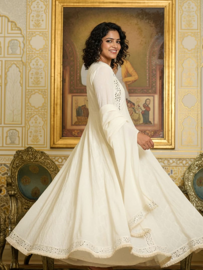 Ivory Embroidered Anarkali Kurta with Flared Sleeves