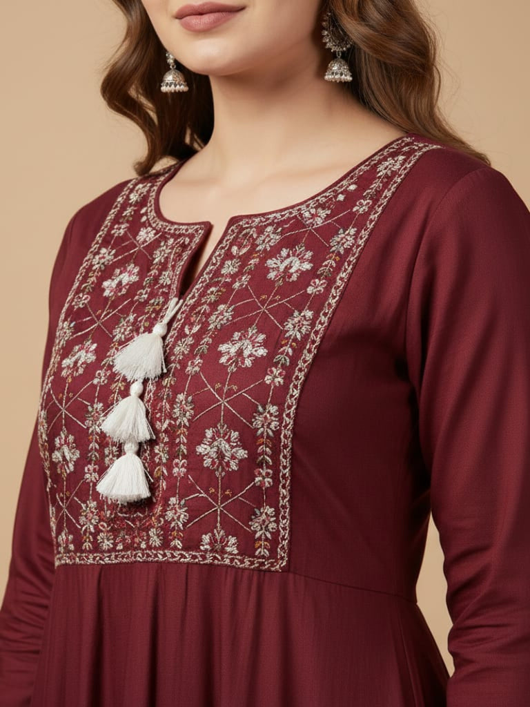 Maroon Embroidered Yoke Kurta Set with Pants