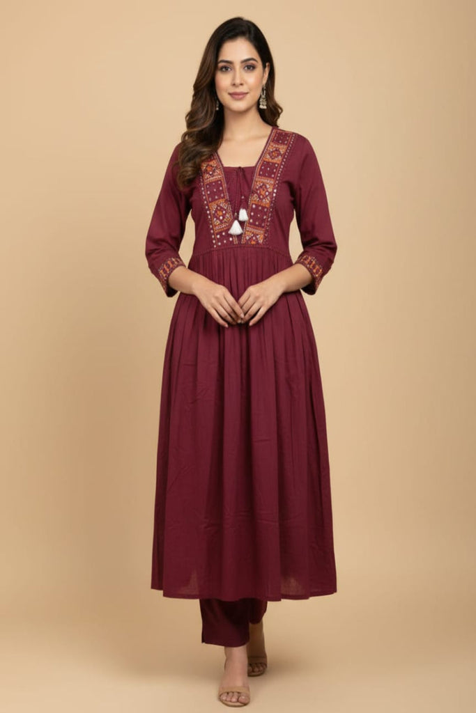 Maroon Embroidered Yoke Kurta Set with Pants