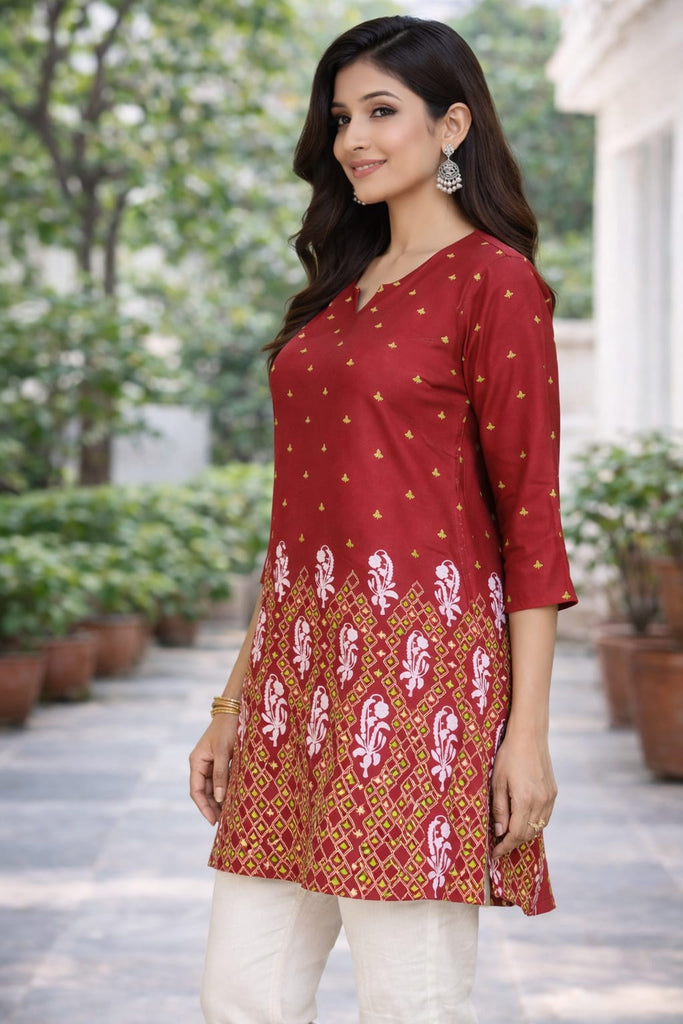 Maroon Printed Short Kurti