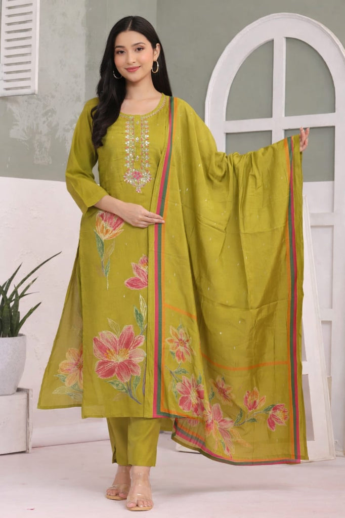 Mehndi Green Kurta Pant Set with Floral Work and Dupatta
