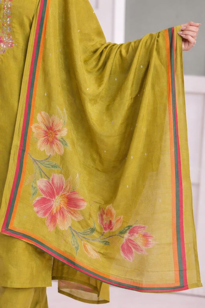 Mehndi Green Kurta Pant Set with Floral Work and Dupatta