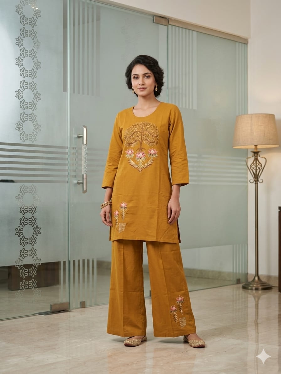 Mustard Yellow Embroidered Kurta Palazzo Set - Dora & Masters