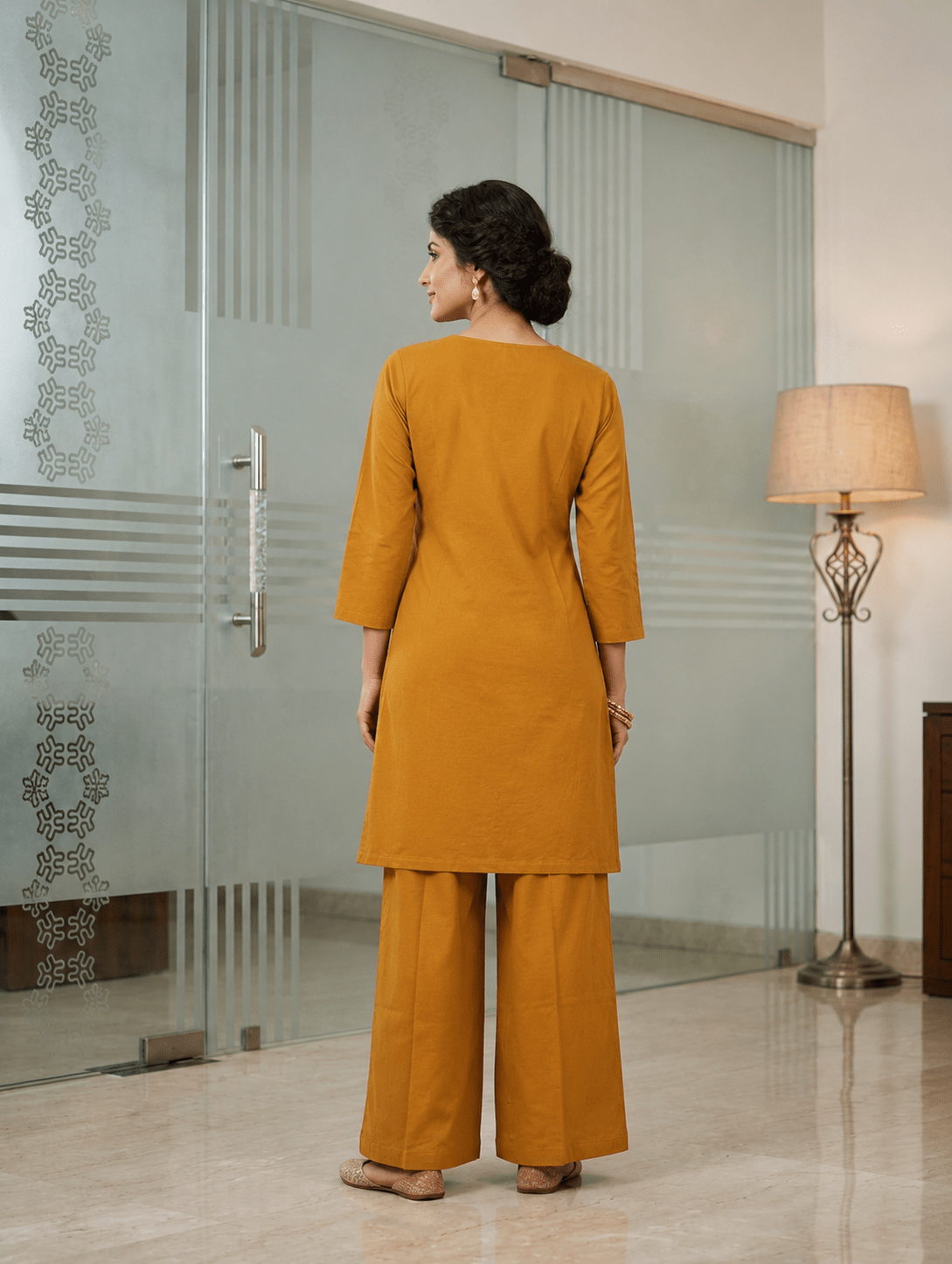 Mustard Yellow Embroidered Kurta Palazzo Set - Dora & Masters