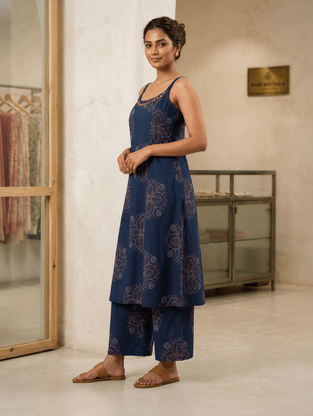 Navy Blue Printed Cotton Kurta Pant Set - Dora & Masters