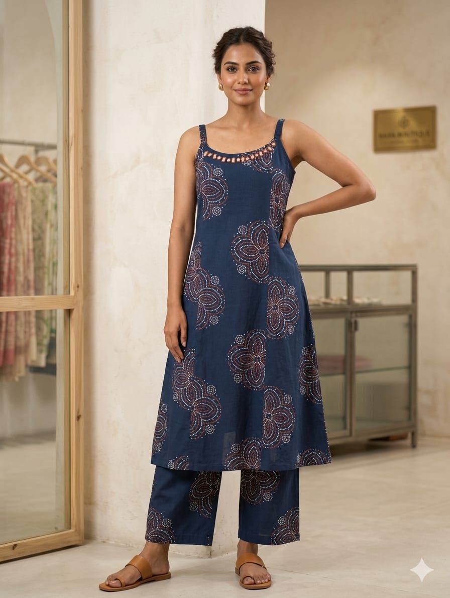 Navy Blue Printed Cotton Kurta Pant Set - Dora & Masters