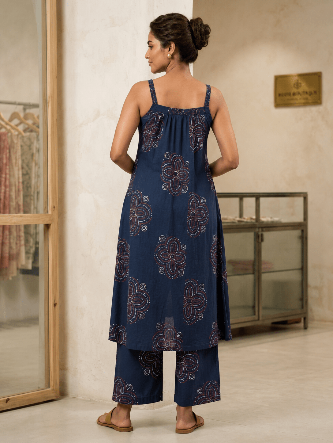 Navy Blue Printed Cotton Kurta Pant Set - Dora & Masters