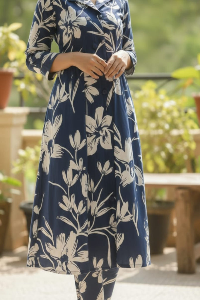 NAVY FLORAL — Navy Blue Floral Kurta Set