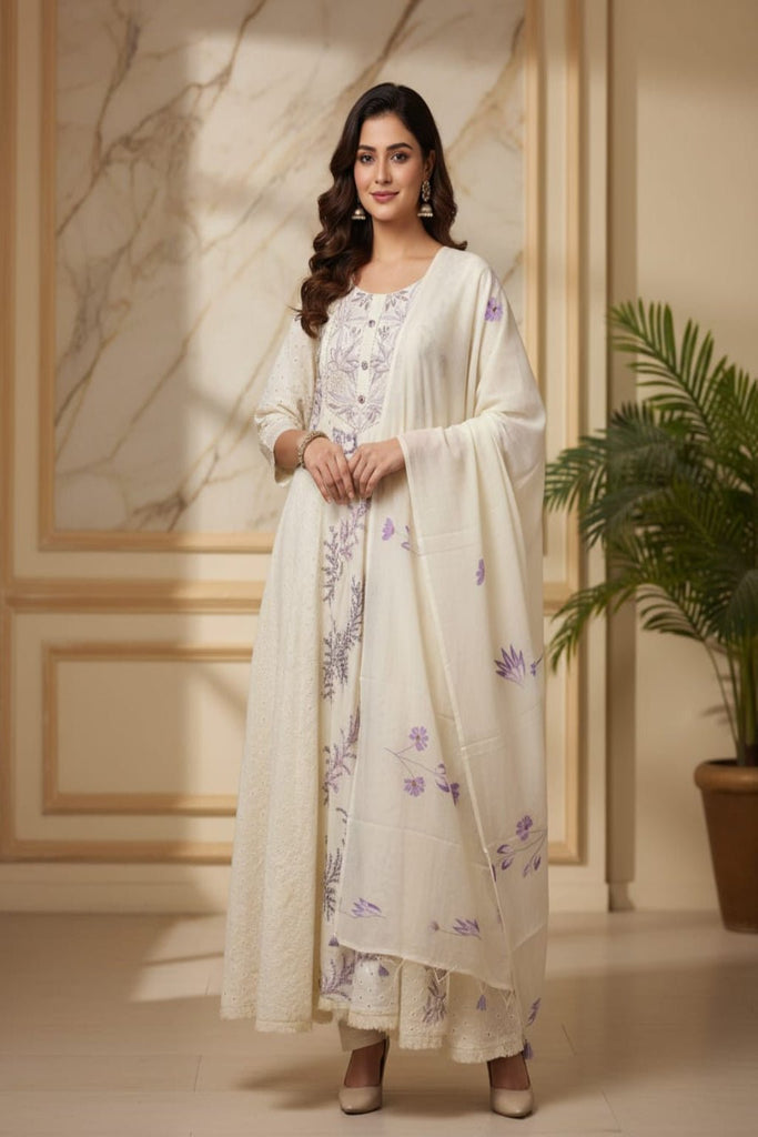 OFF WHITE LILAC EMBROIDERED — Kurta Set With Dupatta
