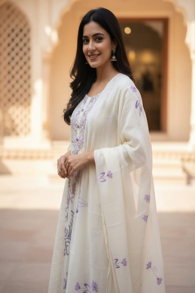 OFF WHITE LILAC EMBROIDERED — Kurta Set With Dupatta