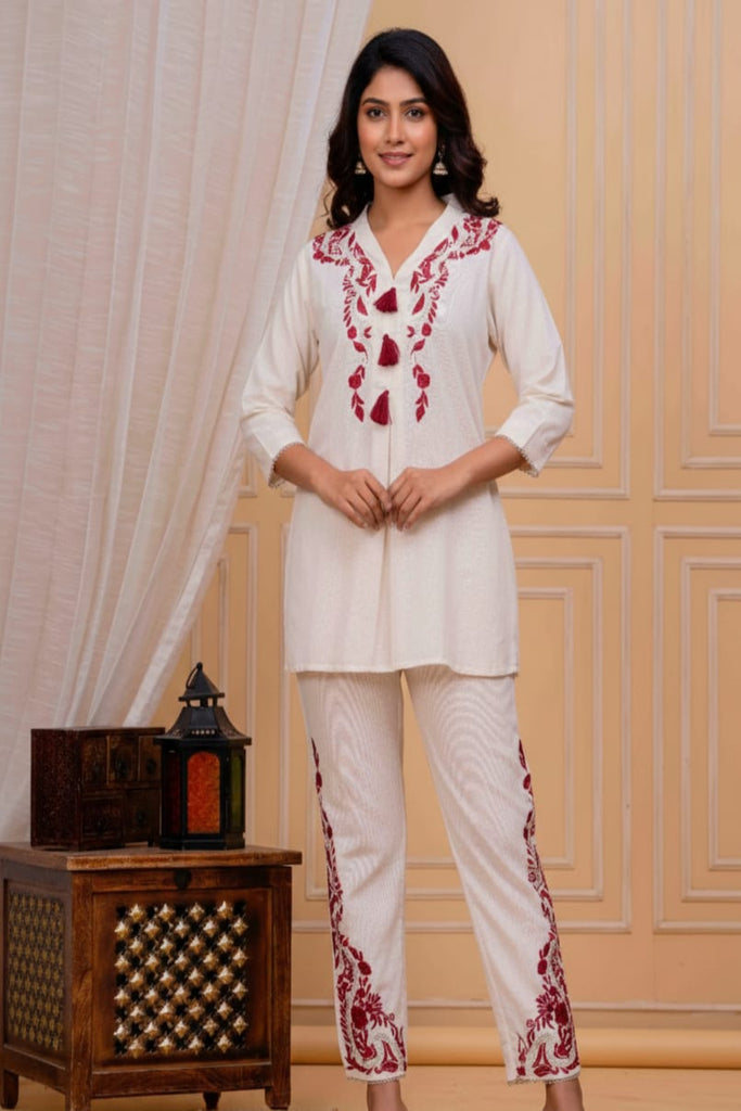 OFF-WHITE RED EMBROIDERED — White Kurta Set