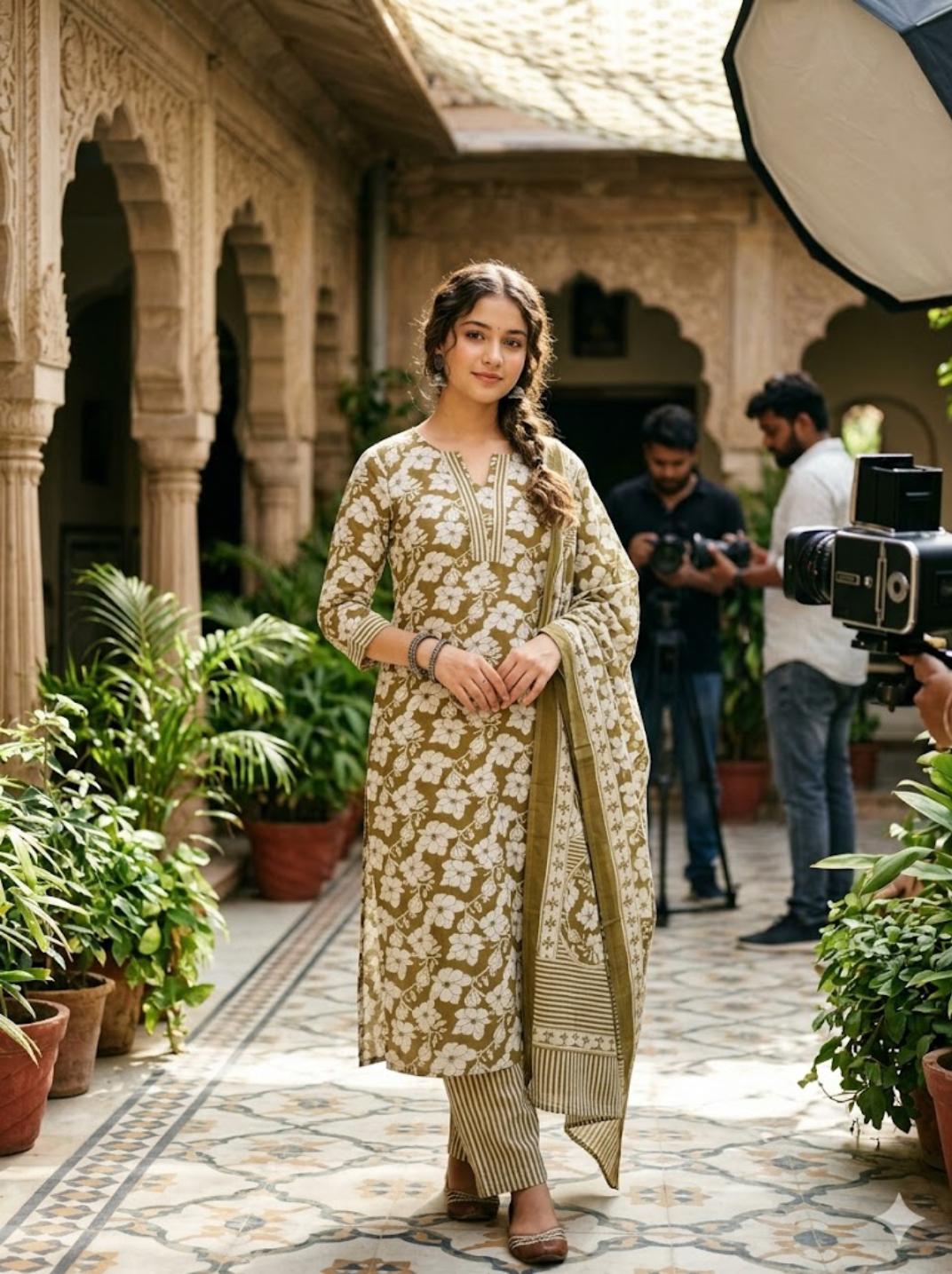 OLIVE GREEN KURTA PANT WITH DUPATTA - Dora & Masters